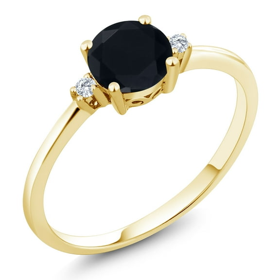 Gem Stone King 10K Yellow Gold Black Onyx and White Lab Grown Diamond Solitaire Engagement Ring for Women (0.83 Cttw, Round 6MM, Gemstone December Birthstone, Size 9)