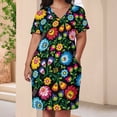 thumbnail image 3 of Vibrant Polish Floral Black Background Summer Sundress for Curve Women Casual Pattern Plus Size V Neck Short Sleeve Loose Fit Oversize Dresses, 3 of 5