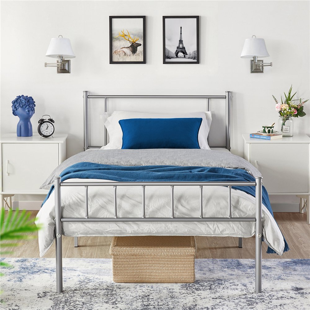 Easyfashion Basic Metal Bed Frame Metal Bed Base with Footboard, Silver