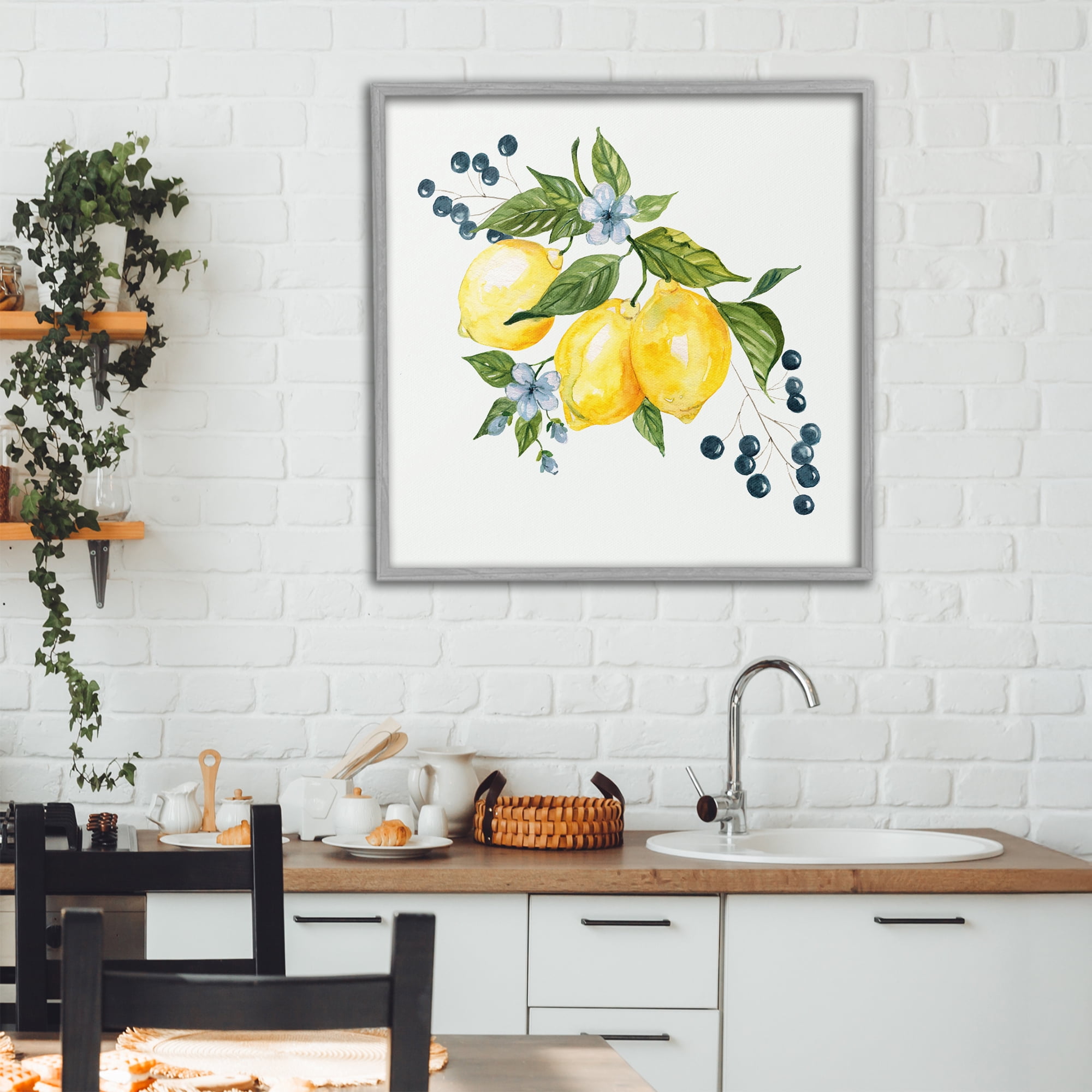 Stupell Industries Lemons with Blossoms & Berries Gray Framed Giclee Art, design by Livi Finn