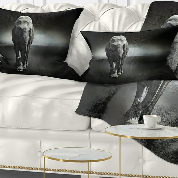 Designart Large Elephant on Black - Animal Throw Pillow - 12x20