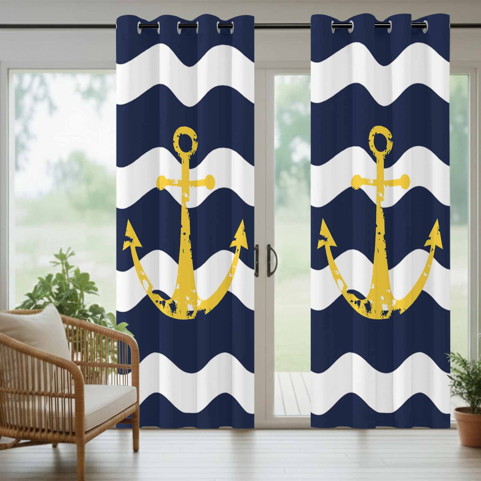 Navy Blue Outdoor Curtains for Patio Waterproof, Wave Stripes Yellow Nautical Anchor Grommet Curtains for Porch Outside Privacy Drape for Gazebo Garden Pergola, 2 Panels, 54x84in