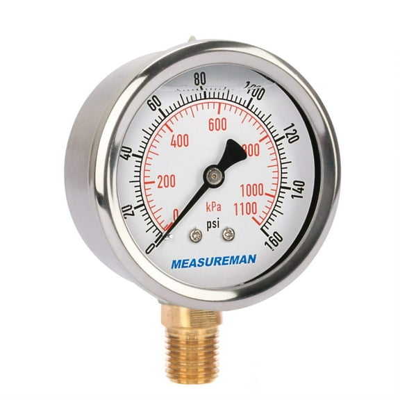 Measureman 2-1/2" Dial Size, OIl Filled Pressure Gauge, 0-160psi/kpa, 304 Stainless Steel Case, 1/4"NPT Lower Mount