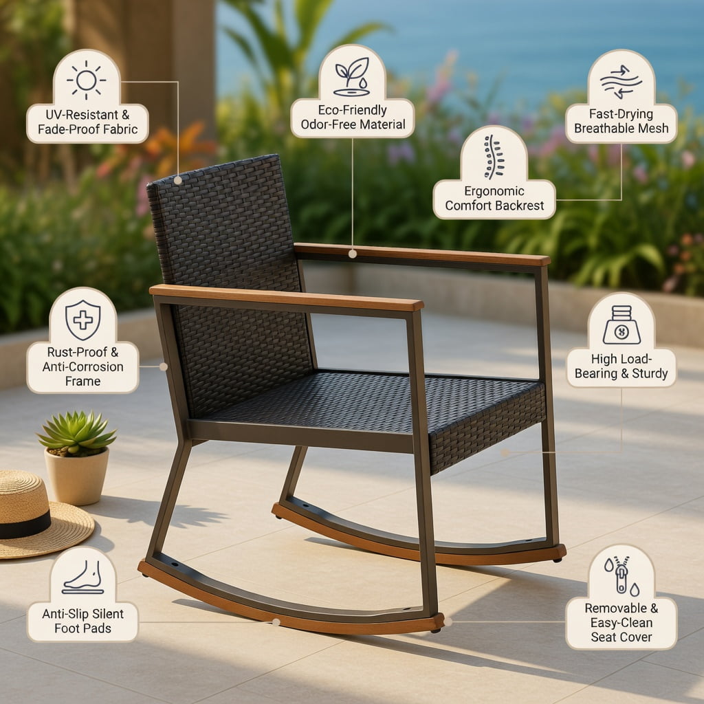 Hommoo 3-Piece Outdoor Rattan Rocking Bistro Set, 2 Rocking Chairs + Coffee Table with Cushions, PE Rattan & Acacia Wood, Weather-Resistant Patio Furniture, White
