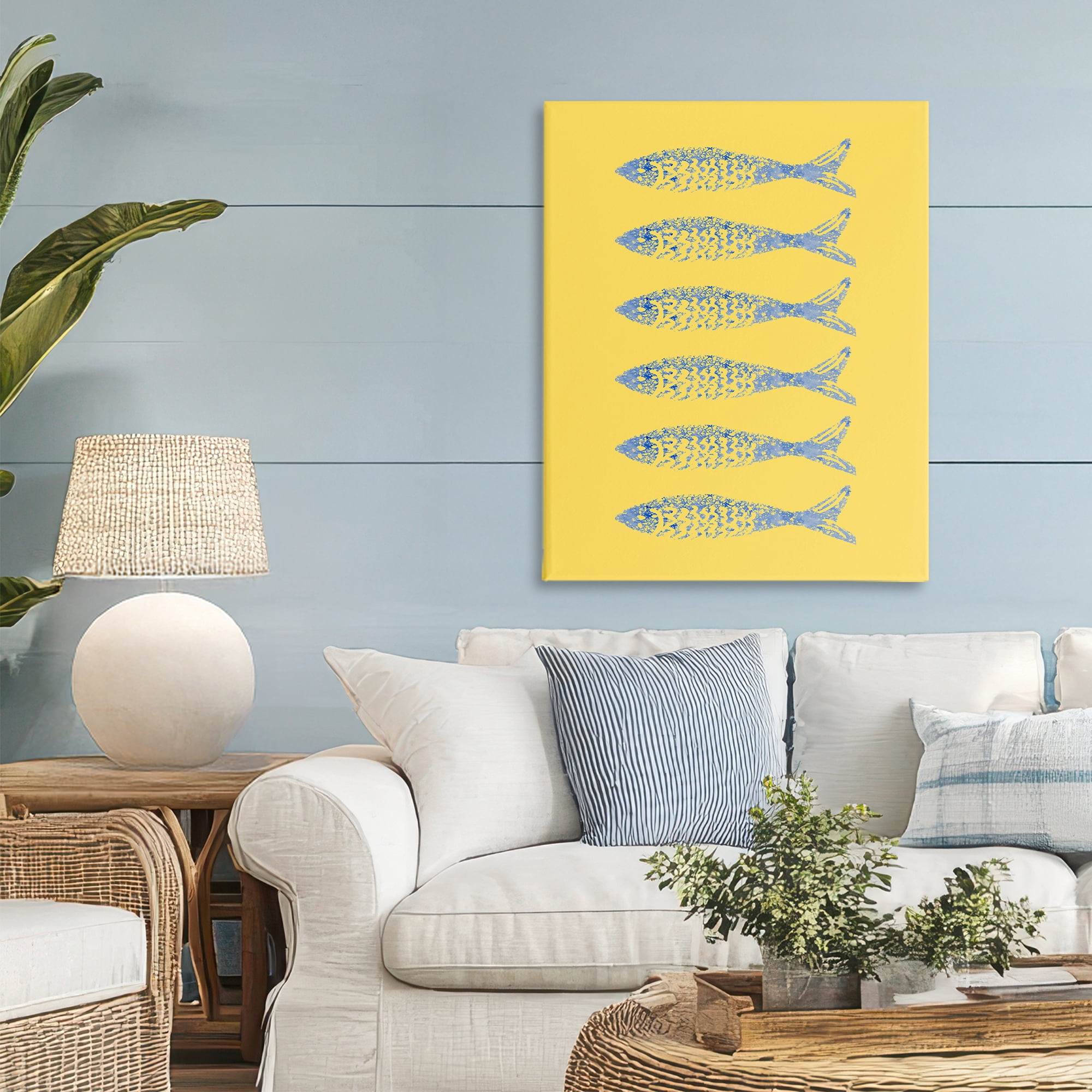 Stupell Industries Sardine Stamps on Yellow Canvas Wall Art, design by Julie DeRice