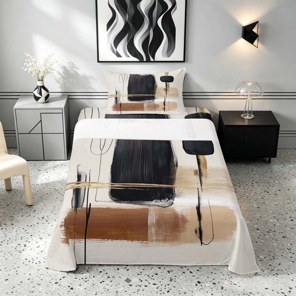 Manfei Mid Century Ombre Twin Sheets, Brown Black Beige Oil Painting Bedding, Black Reversible 3-Piece1 Flat Sheet 1 Fitted Sheet 1 Pillowcase
