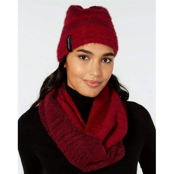 Calvin Klein Women's Red Color Blocked Fuzzy 2 Pc Scarf & Hat Set, One Size