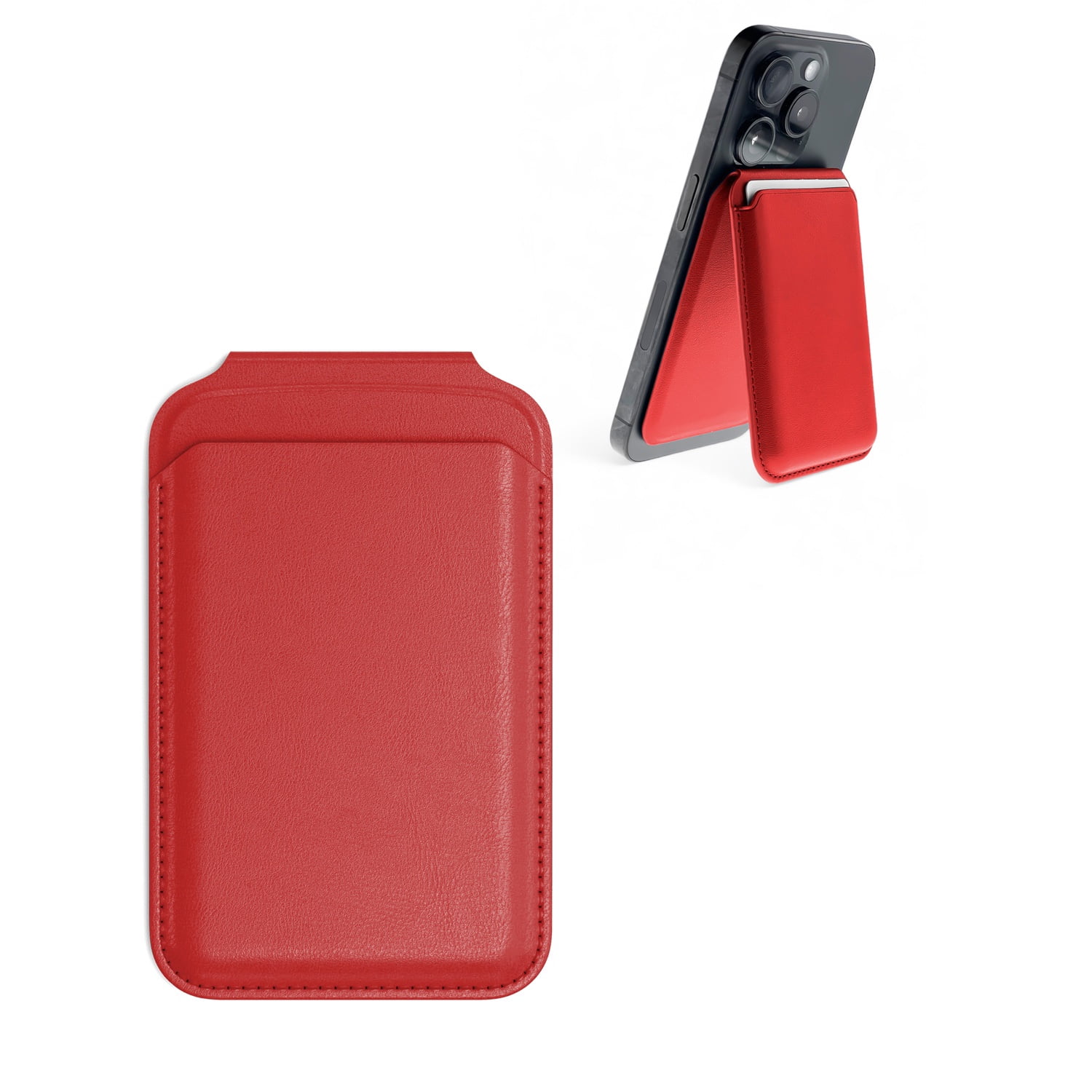 Leather MagSafe Wallet Holder with Integrated Kickstand - Red