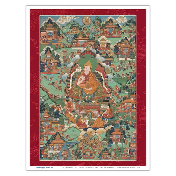 The Fifth Dalai Lama - Ngawang Losang Gyatso (1617-1682) - Vintage Tibetan Thangka Buddhist Painting - Tibet, 19th Century - Master Art Print (Unframed) 9in x 12in
