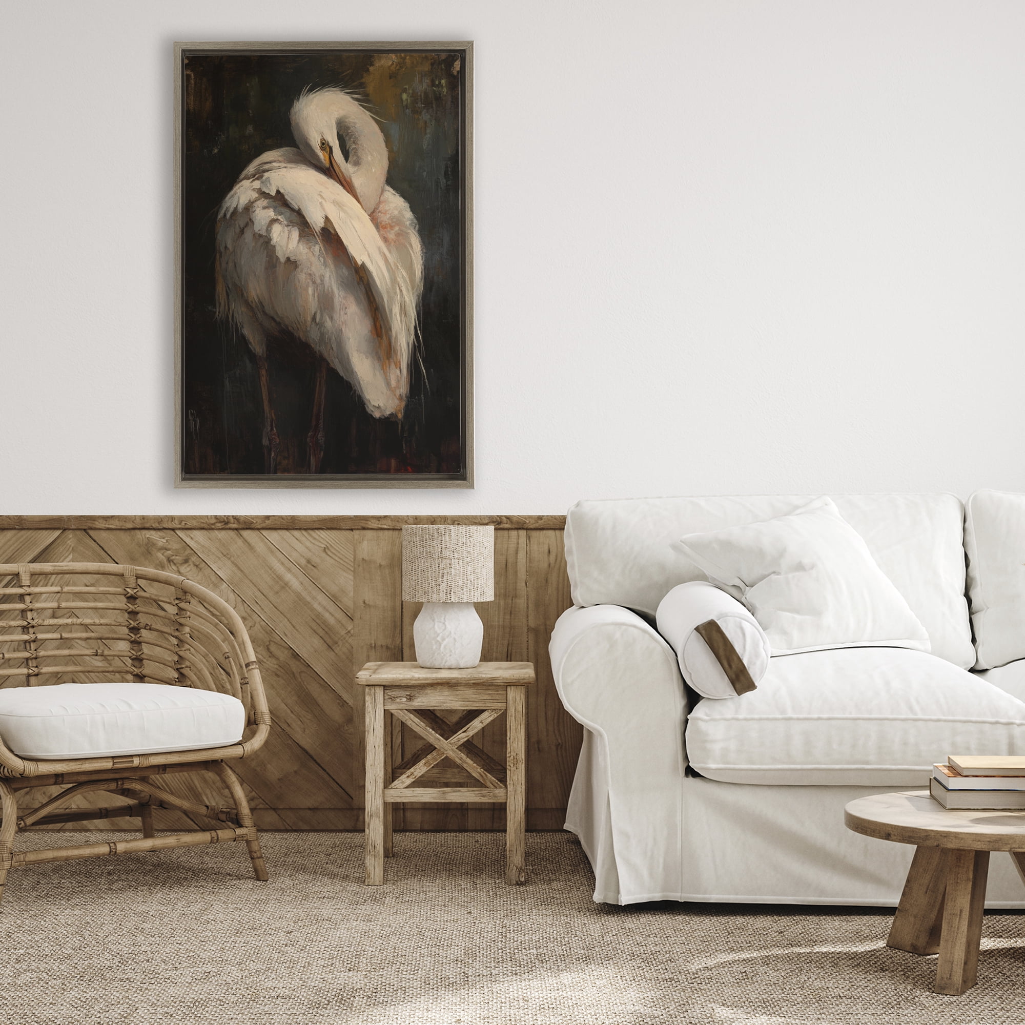 Stupell Industries Sleeping Egret in Golden Light Brown Framed Floater Canvas Wall Art, design by Petal Prints Design