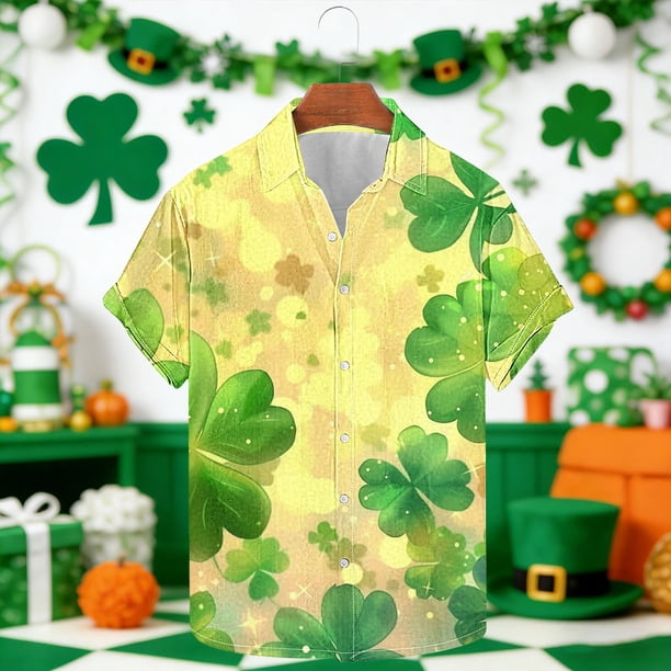 Ceisia Men's St. Patrick's Day Watercolor Shamrock Print Short Sleeve Turndown Collar Stretch Casual Shirt Yellow XXL Gifts