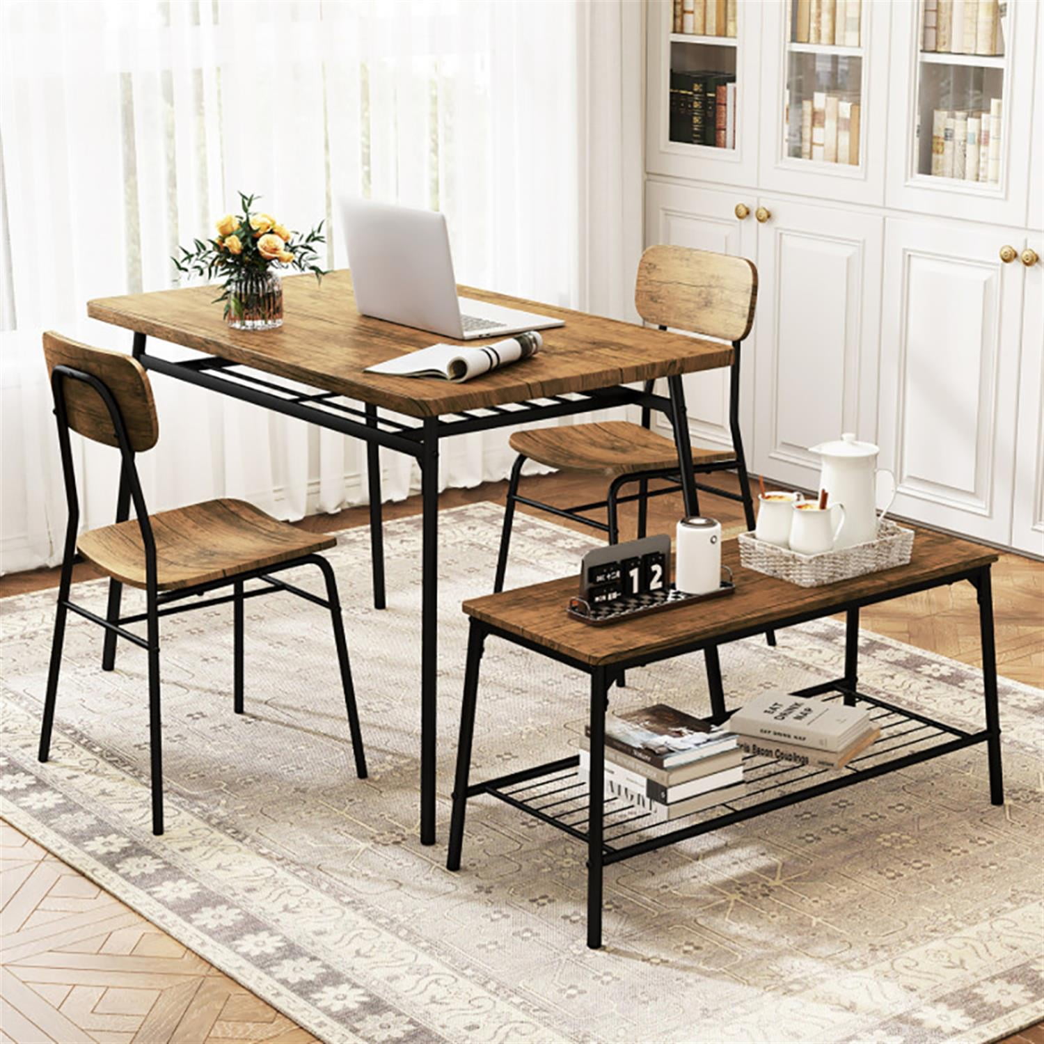 Demi Bonn 4-Piece Dining Table Set with Bench and 2 Chairs, 43" Kitchen Table with Metal Frame and Storage Rack, Perfect for Small Space, Brown
