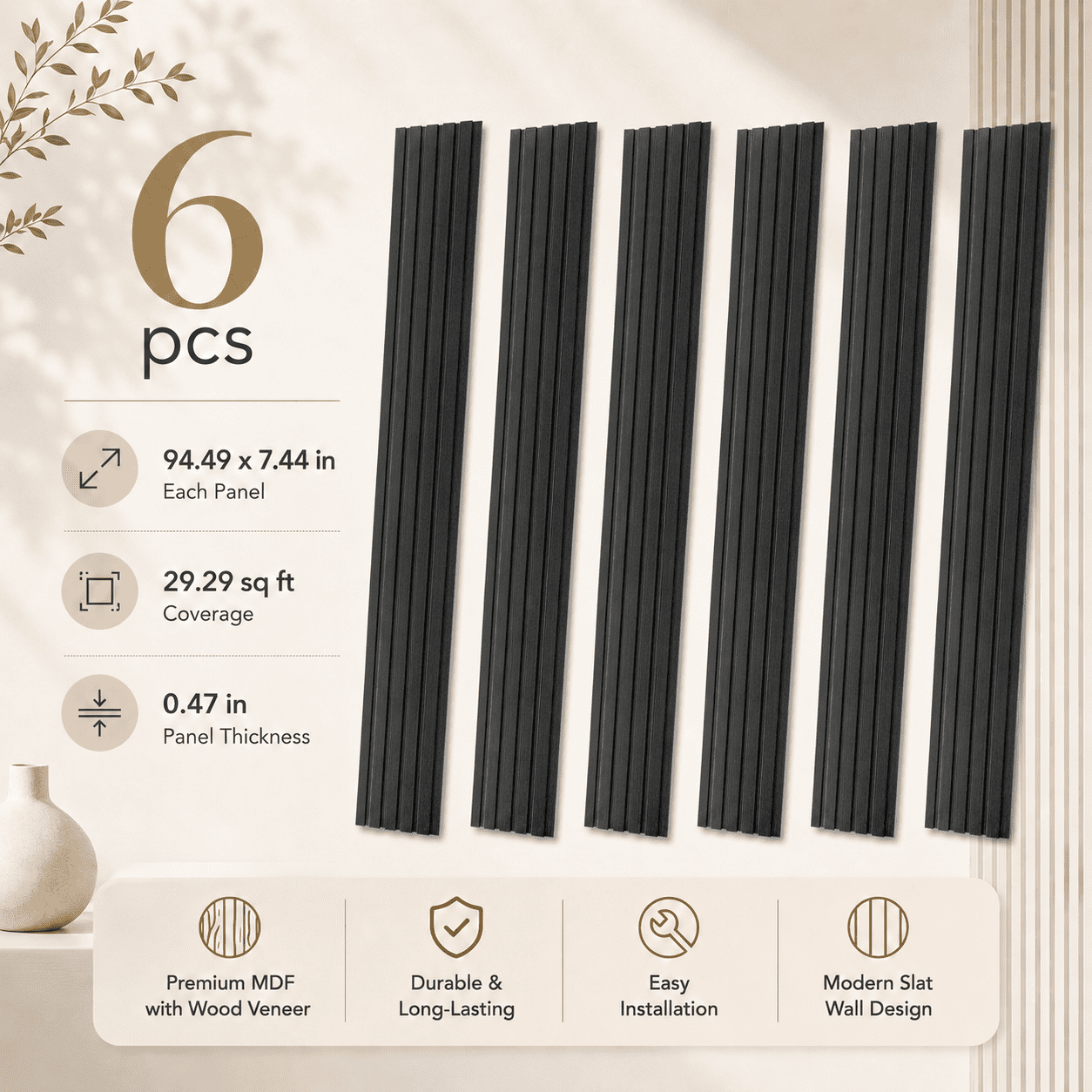 Yeslife 6 pcs Slat Wall Panels, 94.49 x 7.44 in, Matte Black MDF, 3D Decorative Design for Interior Walls and Ceilings