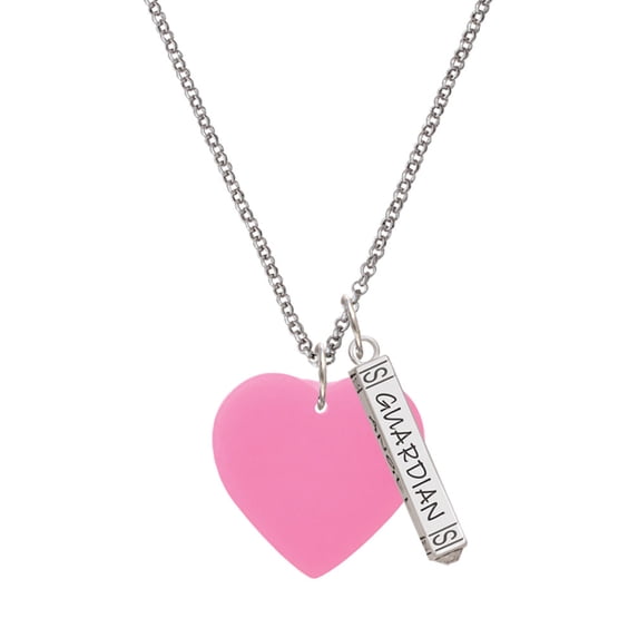 Delight Jewelry Acrylic 1" Hot Pink Heart Silvertone Guardian Angel Bar Charm Necklace, 23"