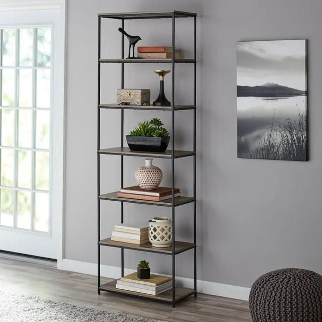 Mainstays 6-Shelf Metal Frame Bookcase, Rustic Brown, 6 shelves, 190 cm tall