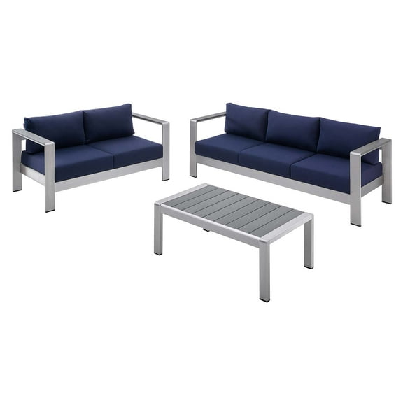 Lounge Sectional Sofa Chair Table Set, Sunbrella, Fabric, Aluminum, Metal, Silver Blue Navy, Modern Contemporary Urban Design, Outdoor Patio Balcony Cafe Bistro Garden Furniture Hotel Hospitality
