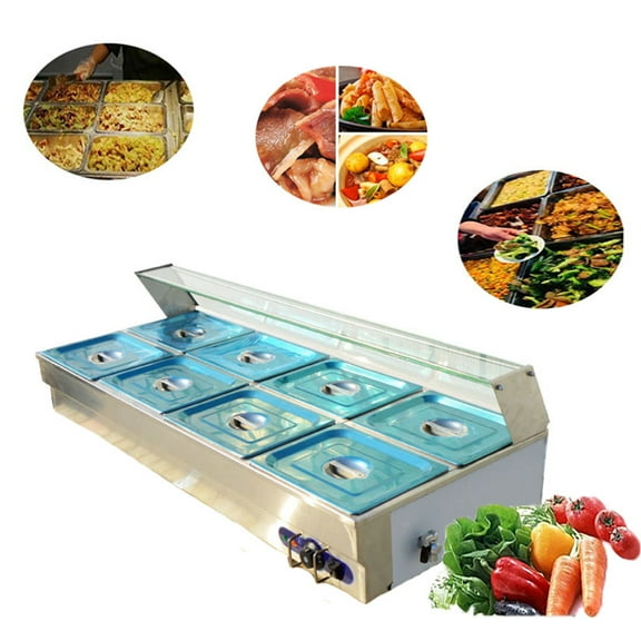 INTBUYING 8-Pan Food Warmer Commercial Canteen Buffet Warmer Steam Table Heater Food Soup Warmer with Glass Shield