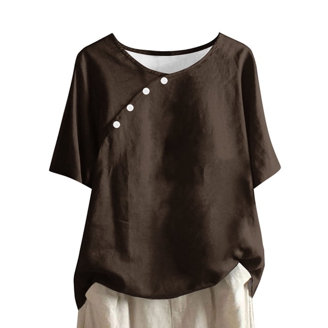 Timegard Hauts Grande Taille pour Femmes Col Rond à Boutons Blouse Ample Chic Décontractée Manches Courtes Hauts Chemises