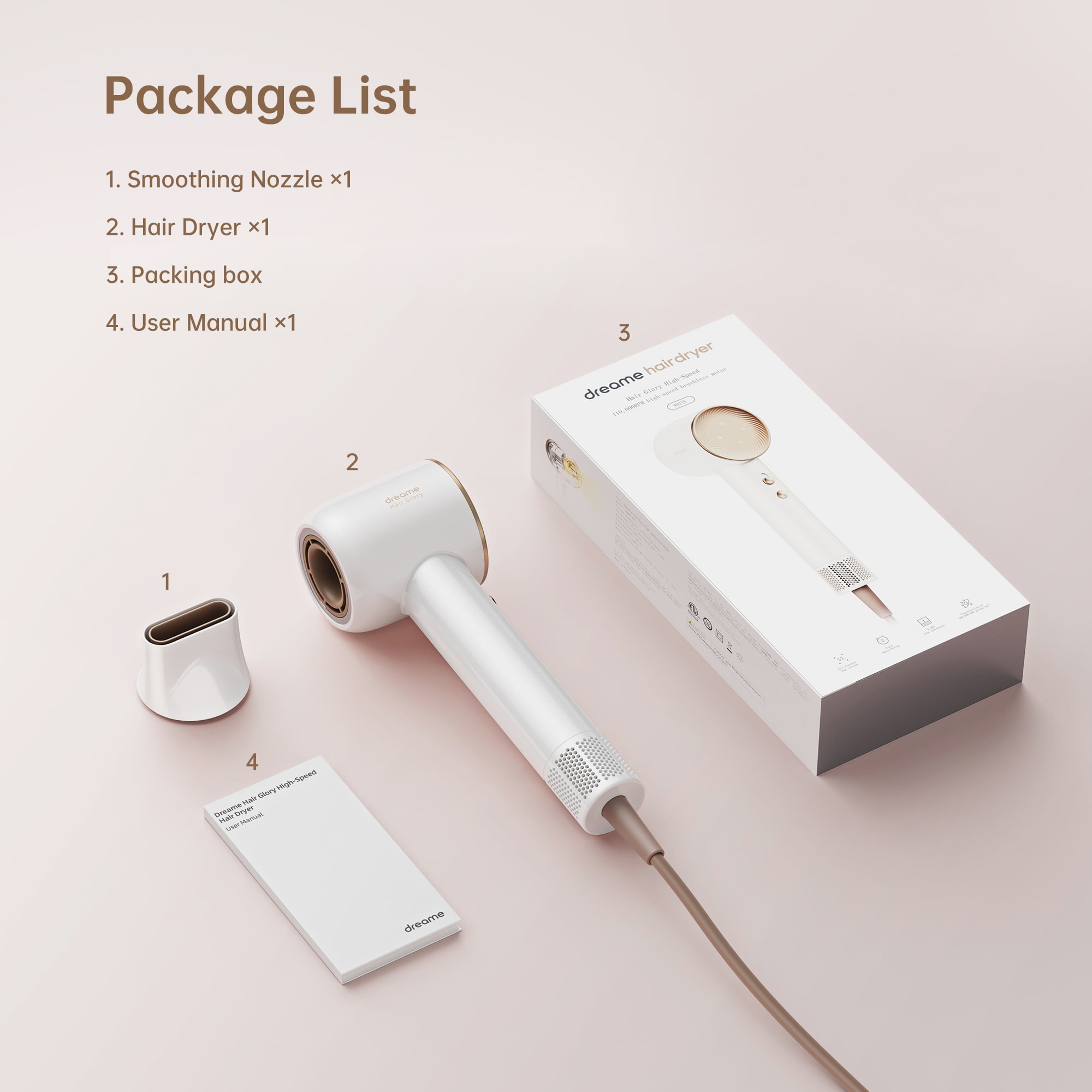 Dreame Negative Ionic Blow Hair Dryer, 110,000 RPM Motor High-Speed, Low Noise, Light, Glory (White)