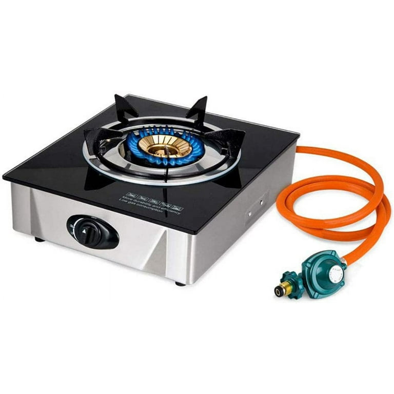 Single Propane GAS Burner Stove with Auto Ignition Tempered Glass Top Hose & Regulator for Camping and Outdoor Cooking (One Burner)