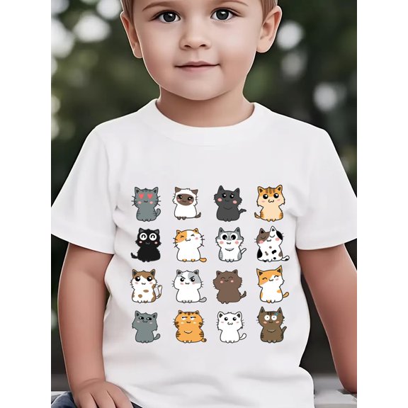 summer boys fashion short sleeve t shirt 16 grids kitten element cartoon pattern print outdoor casual top ny dx8923