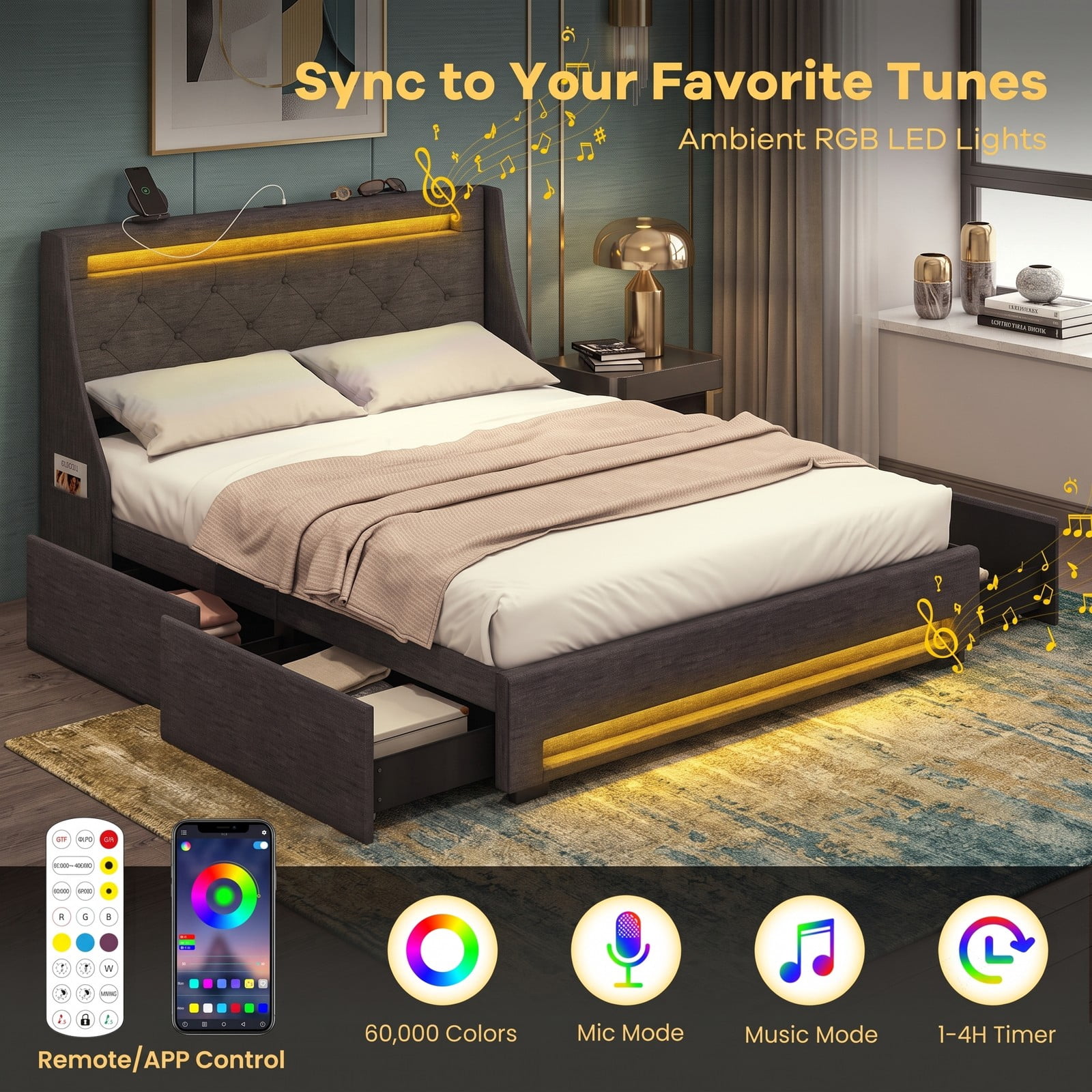 Furnibear Full Size Bed Frame Upholstered Platform Bed with LED Lights, Wingback Headboard and 4 Storage Drawers, USB Charging, Gray