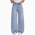 thumbnail image 2 of UAYOTSE Kids Light Wash Denim Wide Leg Pants Girls Cute Pink Bow Pattern Elastic Waist Loose Fit Baggy Jeans,Sizes 9-10 Years, 2 of 6