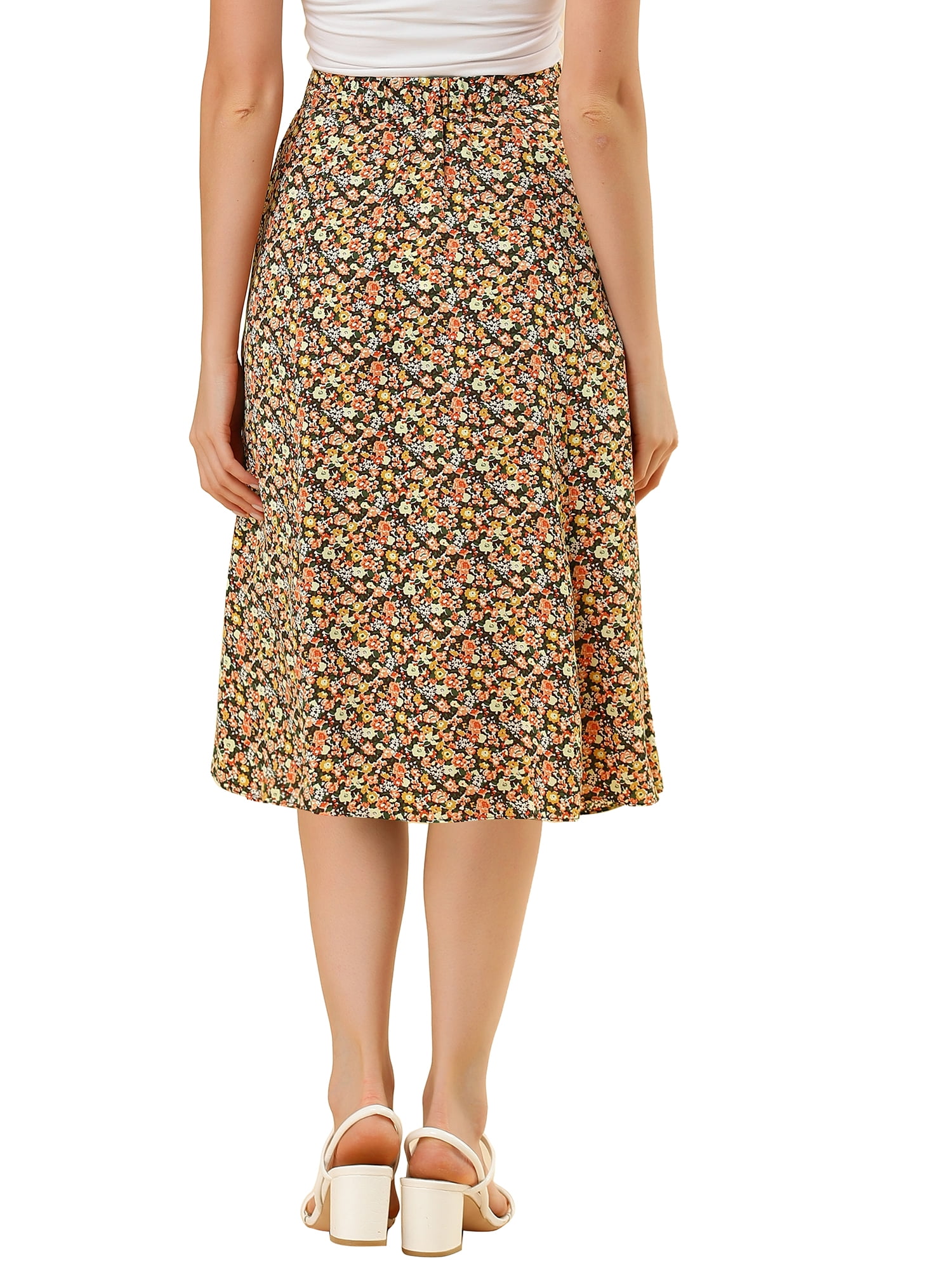 DARING DIVA Women's Elastic Waist A-Line Floral Print Midi Skirt M Brown Orange