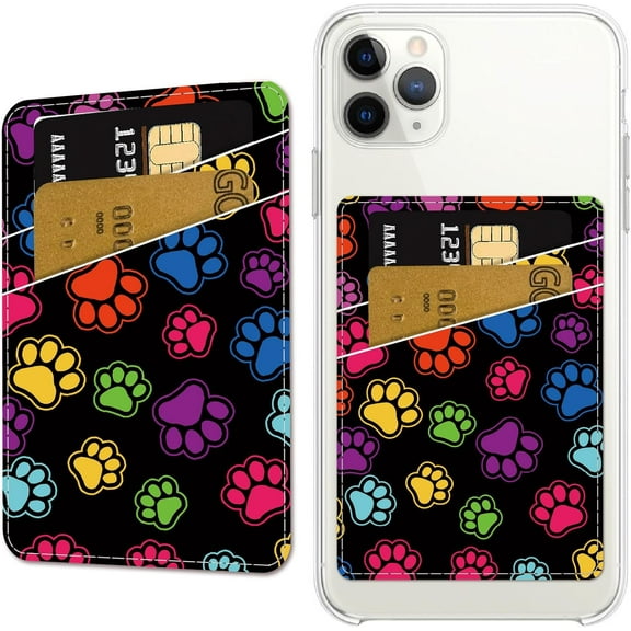 Paw Print Phone Card Holder Leather Cell Phone Wallet Stick on Adhesive Credit Card Holder Slim Double Pocket Sticker for Back of Phone Case Compatible with Most Phones 3.7 x 2.5 Inch