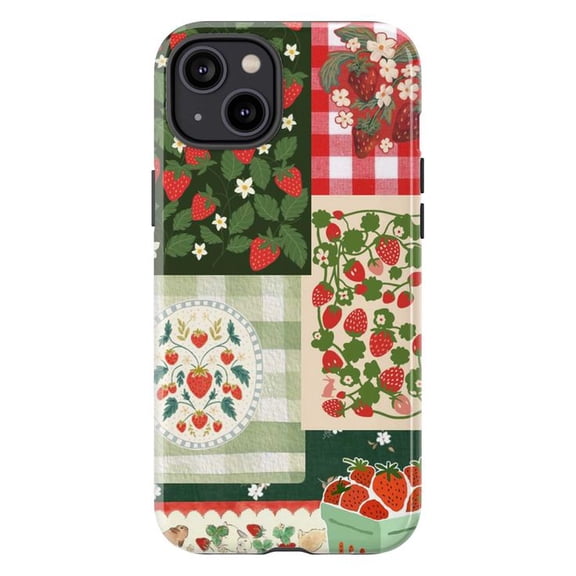 Strawberry Patchwork Phone Case, Red Gingham Collage iPhone Cover, Cute Cottagecore Protective Case for iPhone 17 16 15 14 13 12 11 Pro Plus Mini