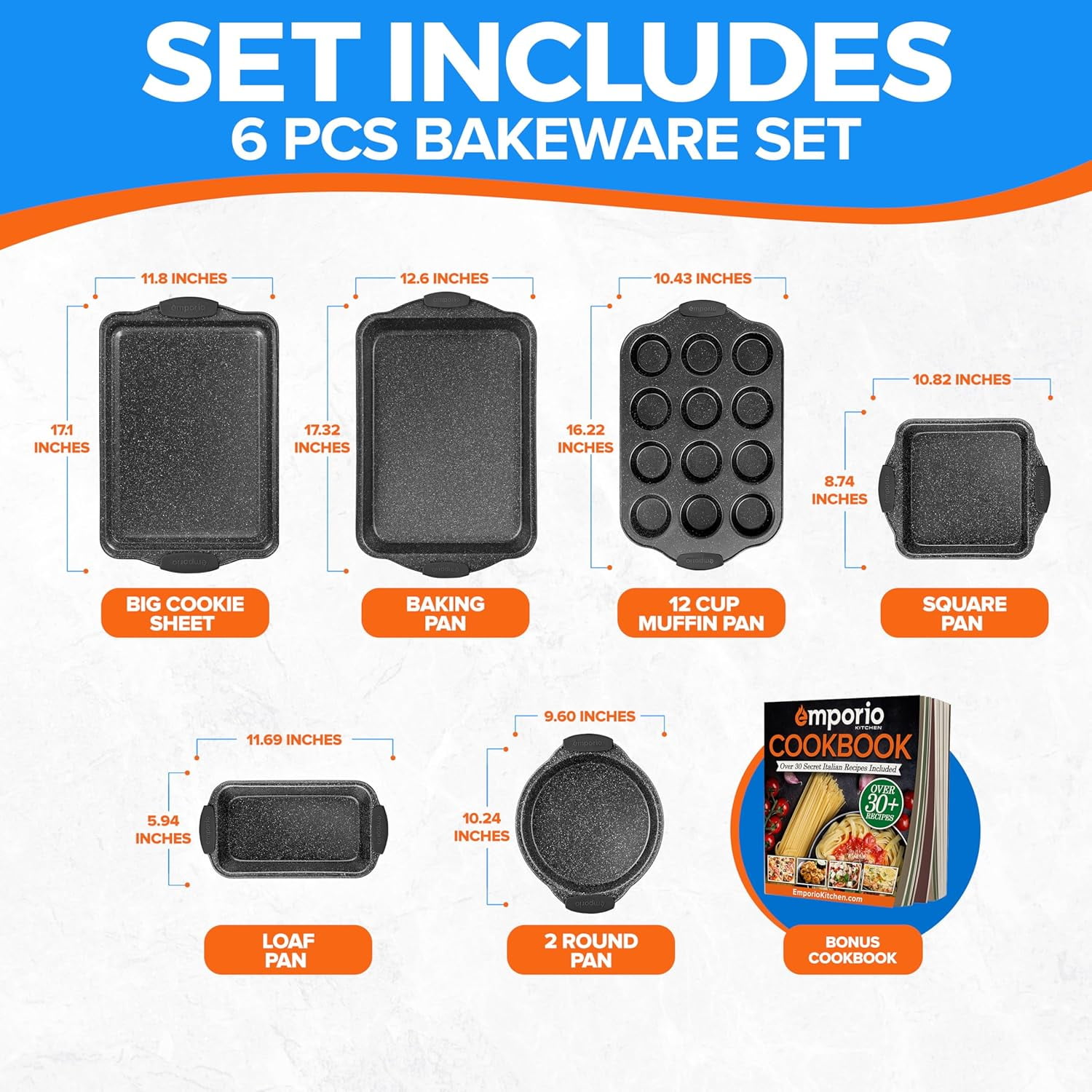 Baking Pan Set - Nonstick Coating, Carbon Steel Bakeware Set with Gray Silicone Handles, Recipe Booklet Included, Oven Safe Tray (Up to 450° F), Set of 6 - Gray