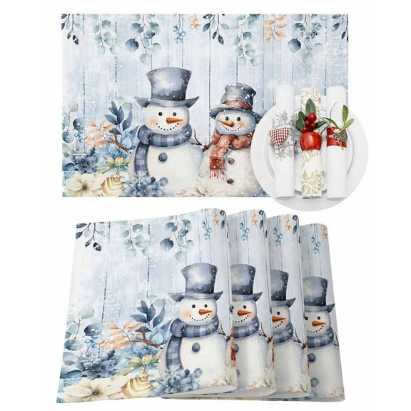 Christmas Snowman Placemats Set of 1 Blue Floral Eucalyptus Leaves Wood Grain Heat Insulation Washable Place Mats, Rustic Non-Slip Table Mats for Dining Table Party Kitchen Decor,13x19 Inch
