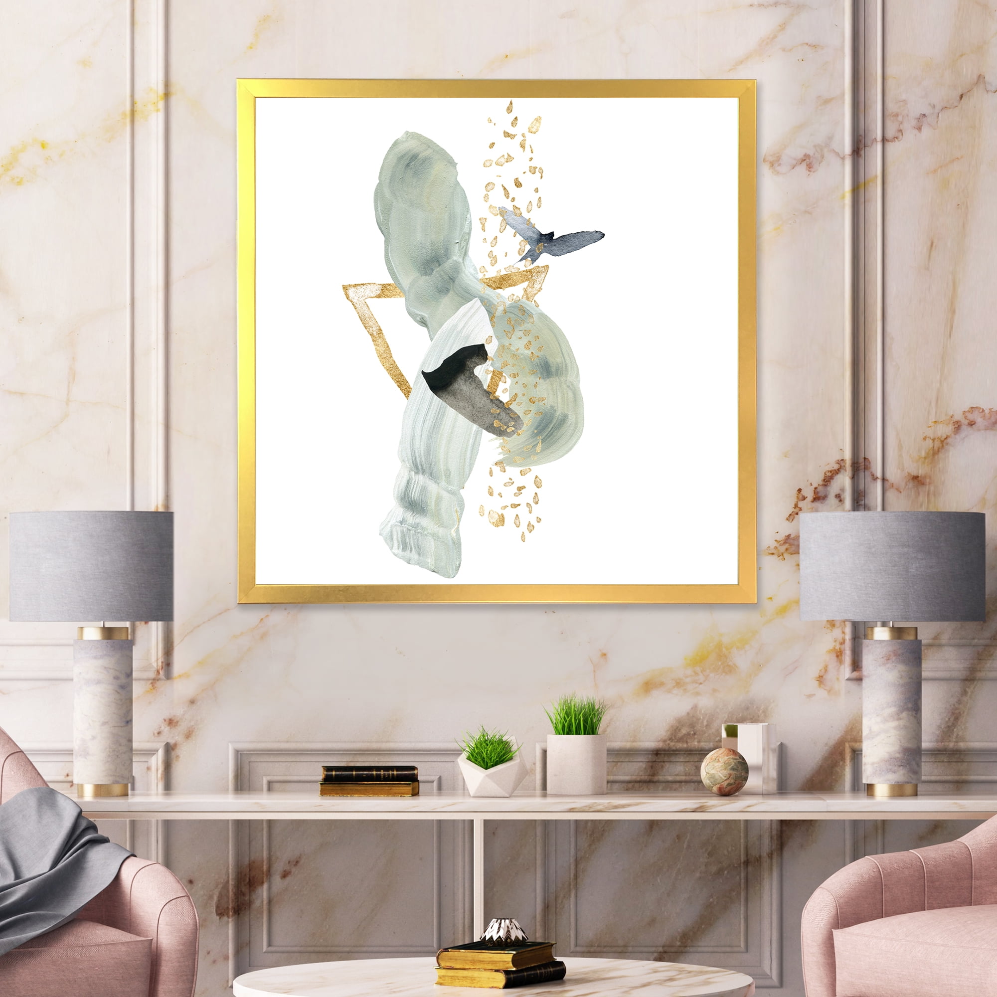 Designart 'Abstract Golden Mountain With Bird and Moon' Modern Framed Art Print