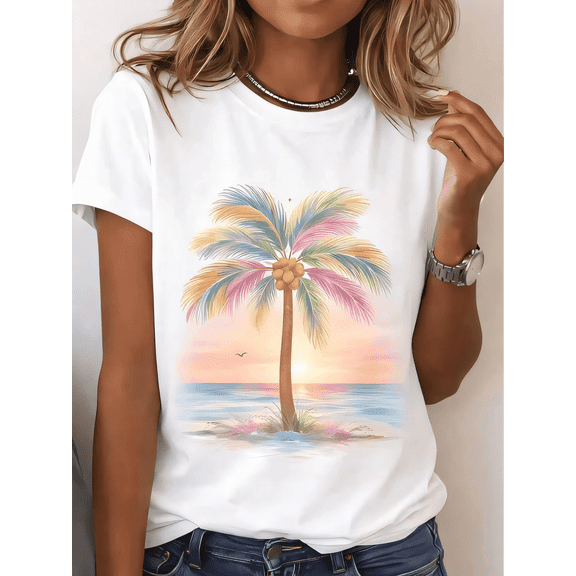 Women's Casual Round Neck Short Sleeve T-Shirt With Tropical Palm Tree Sunset Print Perfect For Summer Beach Outfits