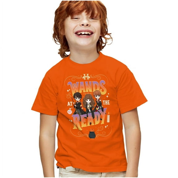 Harry Potter Wands at the Ready Kids T Shirt for Youth Boys and Girls, Orange, Small