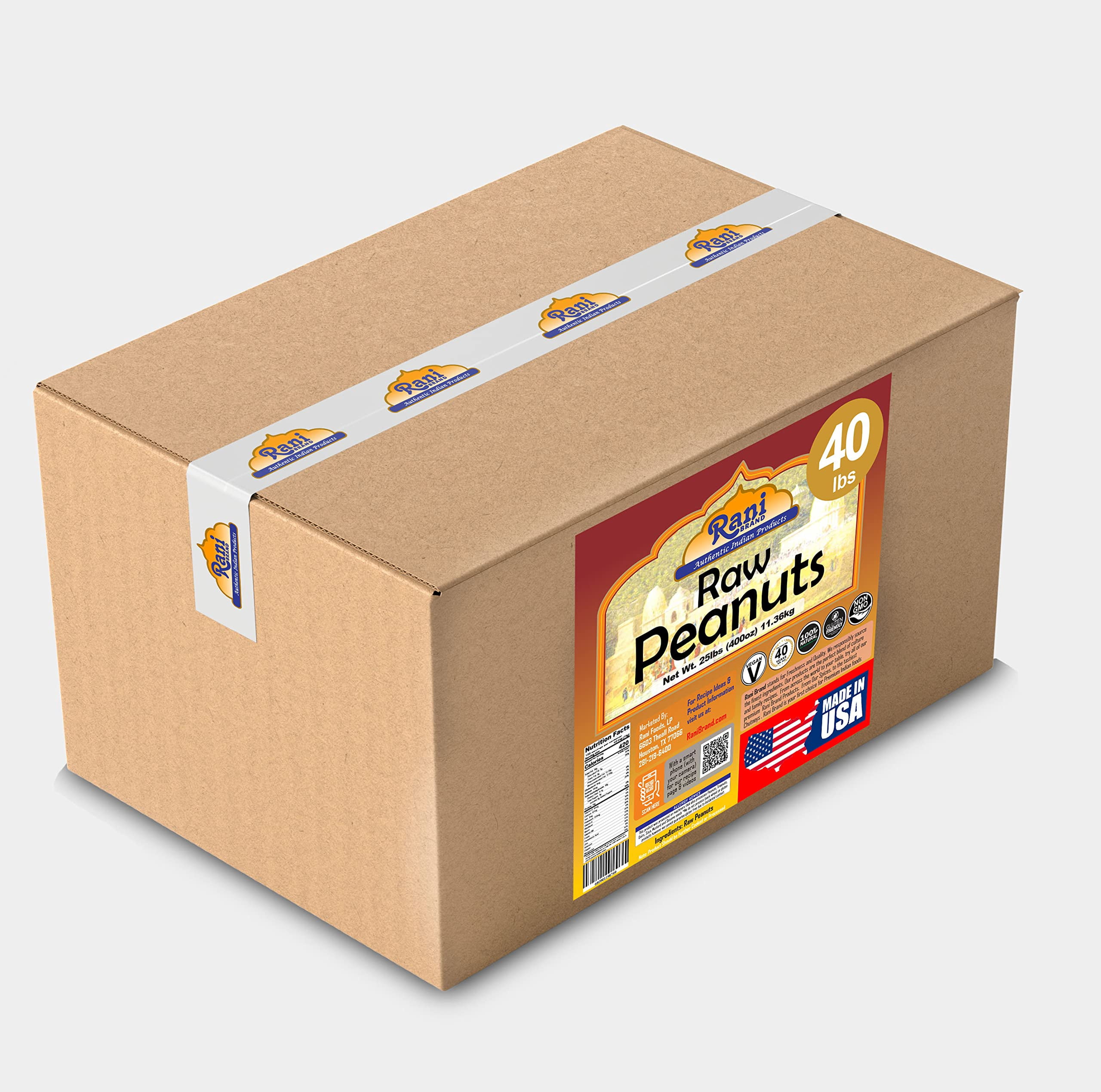 Rani Peanuts, Raw Whole With Skin (uncooked, unsalted) 40lbs (640oz) 18.14kg Bulk Box ~ All Natural | Vegan | Gluten Friendly  ~ Spanish Grade Groundnut / Red-skin