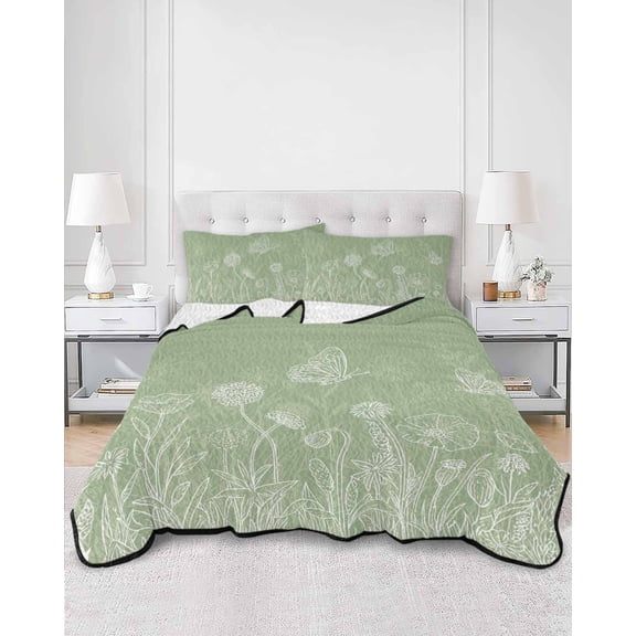 Quilts King Size, Sage Green Wildflowers Soft Comforter Bedding Set for Bed, Modern Floral Butterfly Plant Lightweight Quilted Bedspread with Pillow Cover(2 Pieces) for All Season, 96x106 Inch