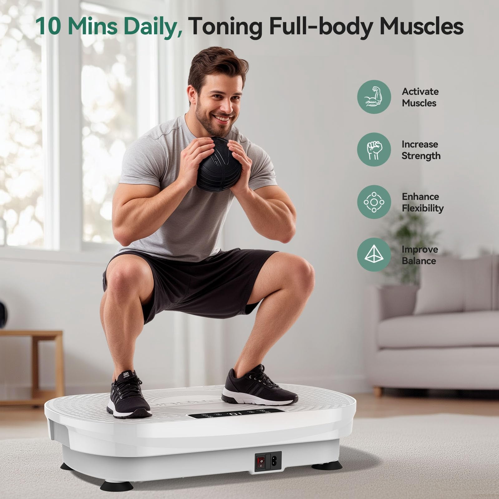 UPGO Vibration Plate Exercise Machine, Lymphatic Drainage Machine, Whole Body Workout Vibration Platform w/ 2 Resistance Bands for Weight Loss, Toning & Wellness-White