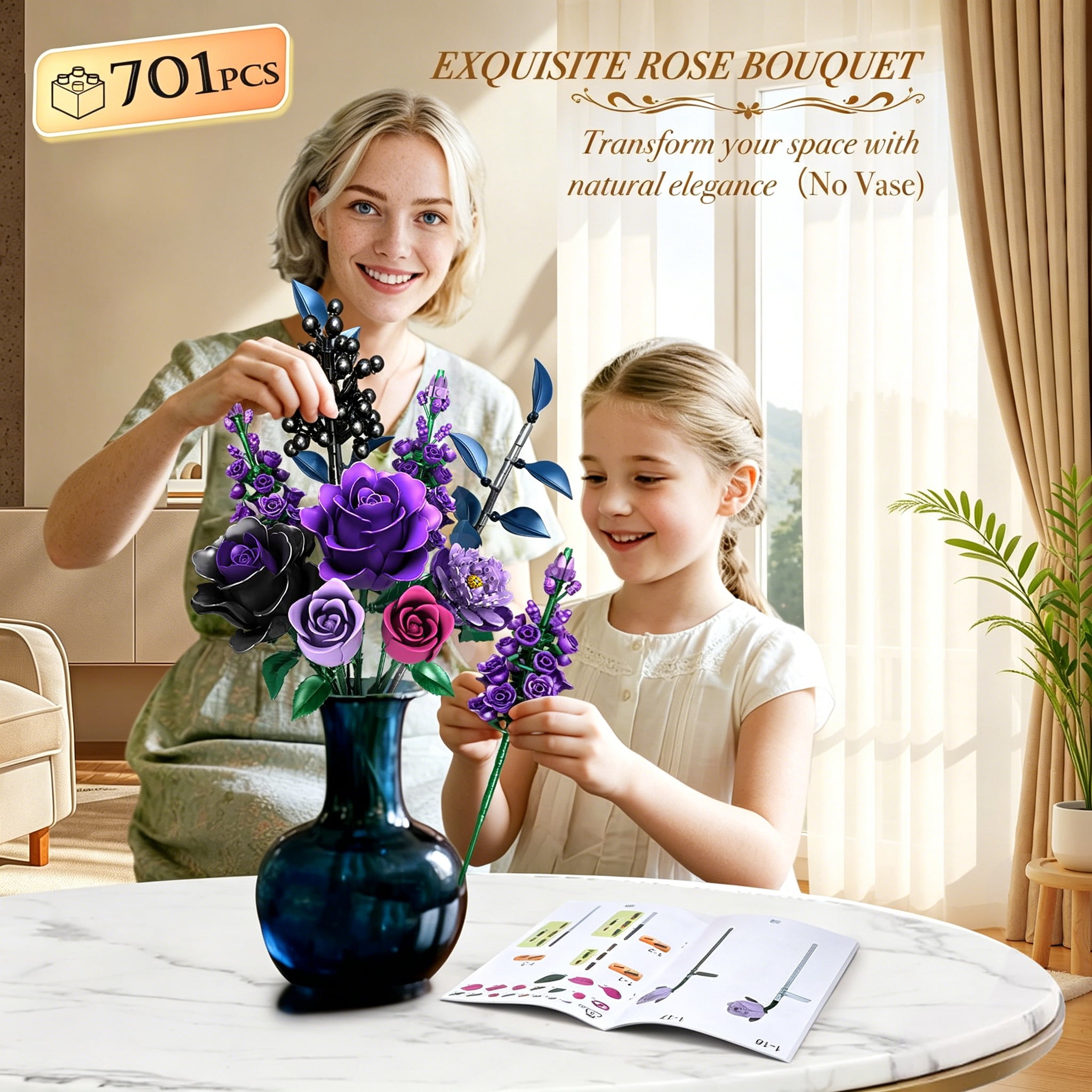 Flowers Bouquet Building Set, Rose Flower Botanical Collection Building Kit Toys Home Decoration Gifts for Kids Adults Women Her, Christmas Valentine's Mother's Day Gifts 701 PCS