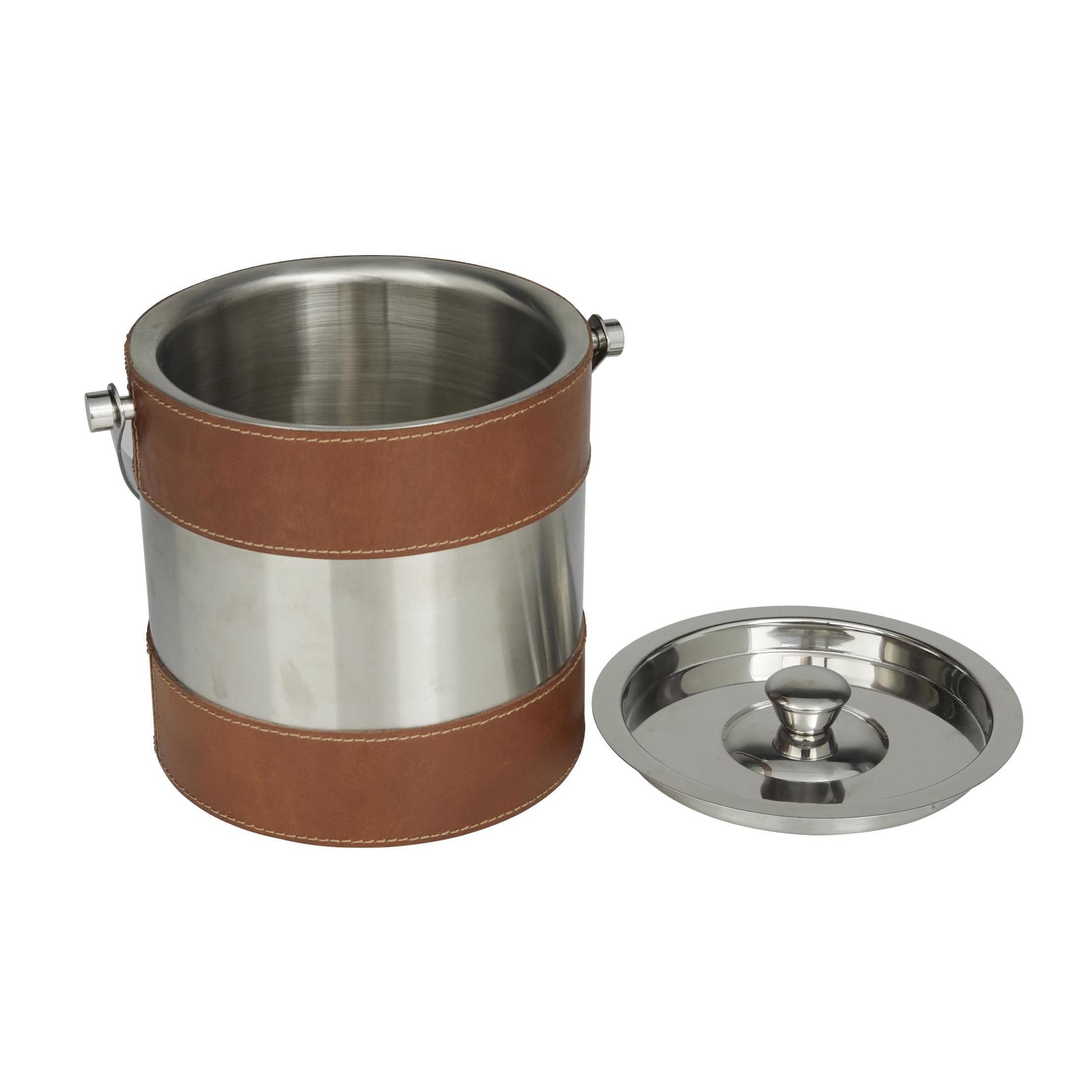 DecMode Round Leather Handmade Brown Ice Bucket with Lid