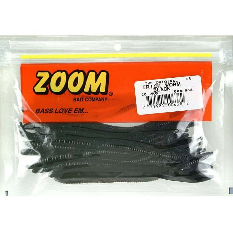 Zoom Trick Worm Freshwater Bass Fishing Soft Bait, Black, 6 1/2, 20-pack 