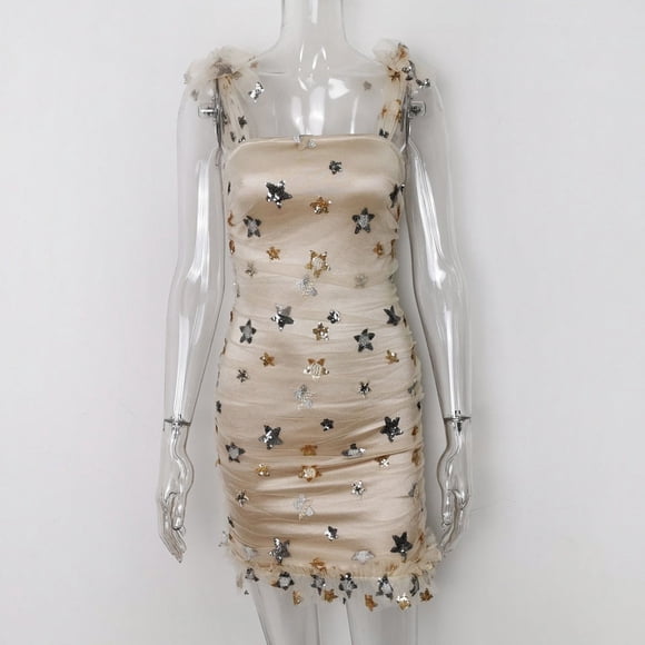 Robe de Fête Célébrité Étoile Douce à Sequins Robe Froncée Chic Épaule Nouée Tenues de Mariage Élégantes Vestidos - Champagne / m