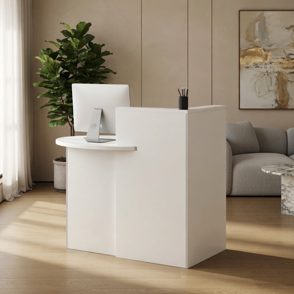 Demi Bonn Front Reception Office Desk with Open Shelf and Lockable Drawer, Small Home Computer Desk Study Writing Table, White