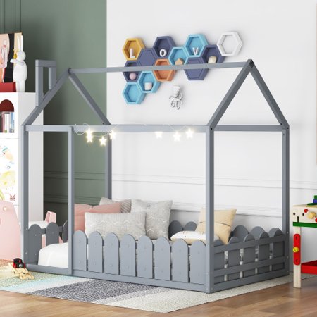 House Twin Bed for Kids  Twin Size Bed with Roof and Fence  Wood Bed Frame for Kids  Teens  Girls & Boys  Easy Assembly (Gray)