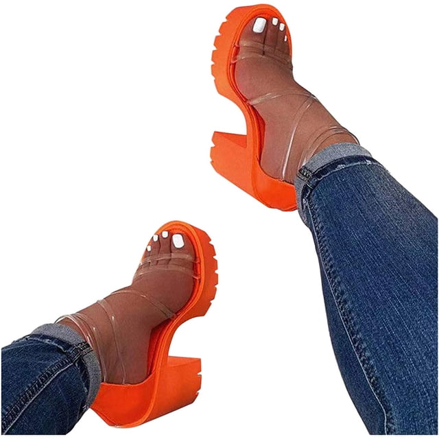Womens Sandals Block Heel Platform Chunky Heeled Clear Transparent String Wedges Ankle Strap Sandals for Women