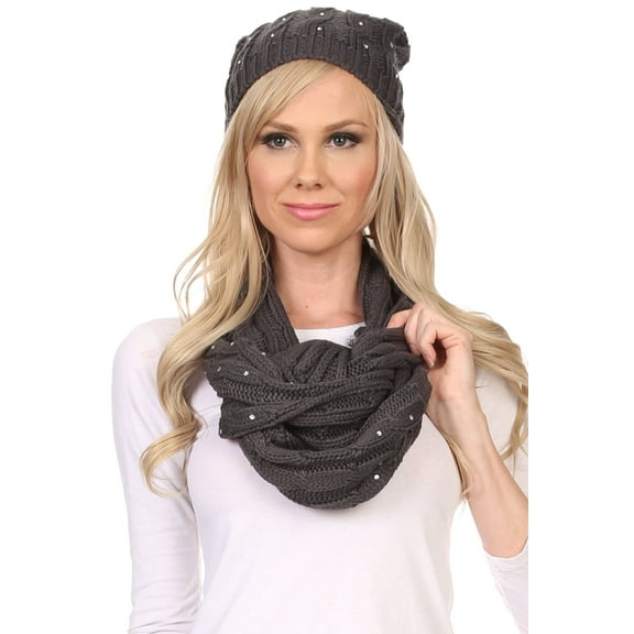 Sakkas Kae Jewel Studded Cable Knit Beanie Hat And Scarf Set - Charcoal - OS
