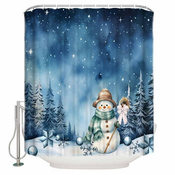 Fabric Shower Curtain, Merry Christmas Snowman Blue Night Pine Tree Forest Bathroom Curtain with 12 Hooks Waterproof No Bad Odor Machine Washable Bath Curtains for Bathroom, Spa Room, 36"x72"