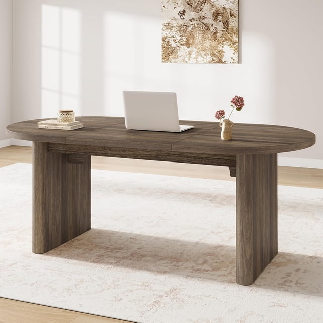 Oval 70.8 Inch Farmhouse Dining Table for 6-8 People, Double Pedestal Kitchen Table with Thick Wood Build, Modern Rustic Dinner Furniture for Home Apartment Reception Room
