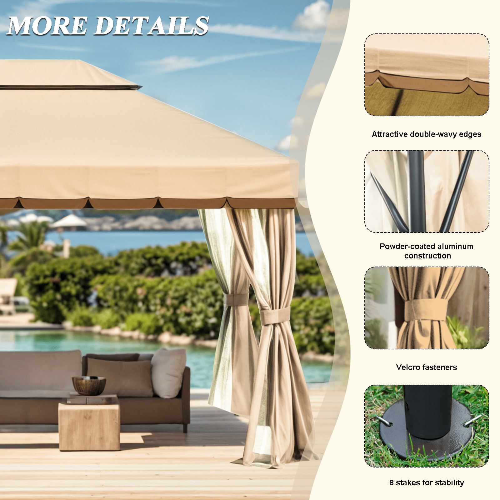 Grezone 10×13 FT Deluxe No Screws Gazebo,Double Roof Outdoor Shelter Tent with Mosquito Nettings and Privacy Screens
