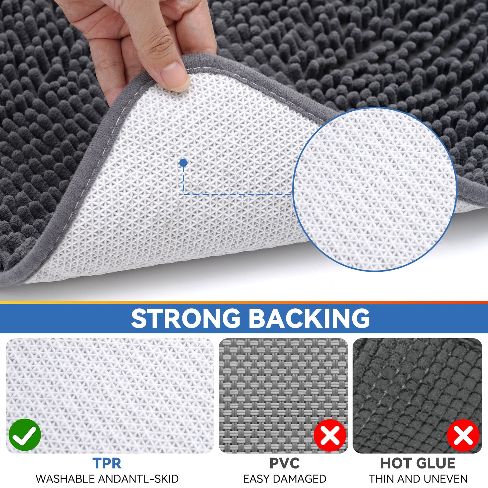 Pinnacle Home Chenille Bath Rugs 30x20 Inch, Quick Dry Washable Microfiber Pad, White Rubber Backing, Bath Mat Set for Bathroom